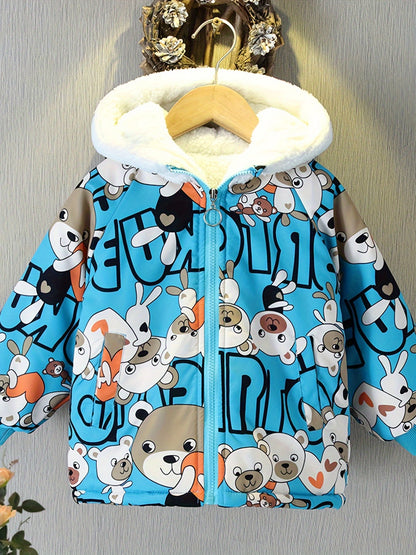 Boys Cartoon Bear Full Print Fleece Lining Hooded Jacket, Long Sleeve Zip Up Warm Jacket, Kids' Clothes For Spring Fall Winter Outdoor