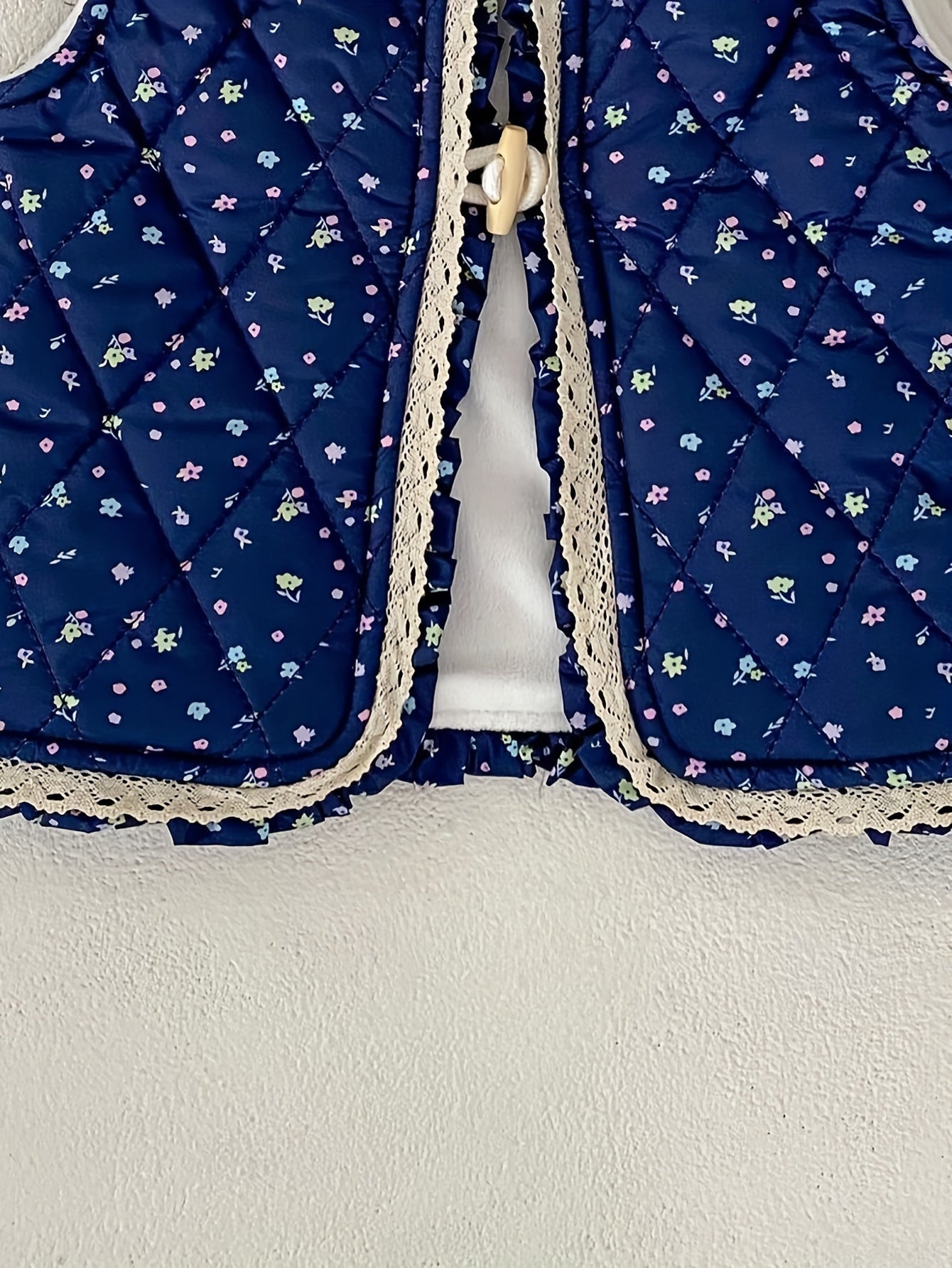 Unisex Winter Vest Jacket - Thick Warm Floral Print with Lace Trim & Cotton Padding, Sleeveless Button Front Closure, Navy Blue & White for &, Winter Clothes