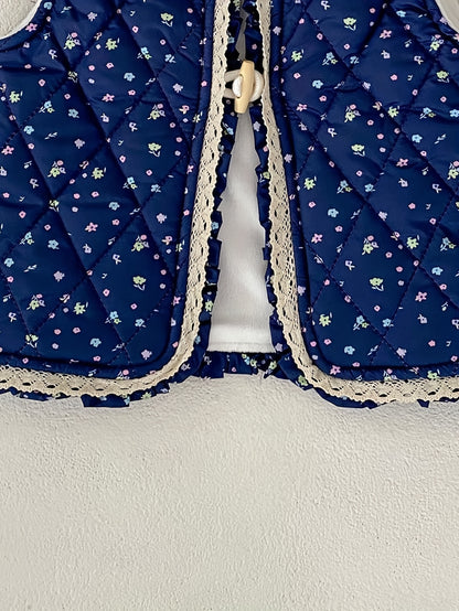 Unisex Winter Vest Jacket - Thick Warm Floral Print with Lace Trim & Cotton Padding, Sleeveless Button Front Closure, Navy Blue & White for &, Winter Clothes