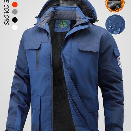 Men's Winter Fleece-Lined Jacket - Navy Blue Thickened Outdoor Hooded Coat with Zipper Pockets, Warm & Stylish for Cold Weather, Winter Clothes