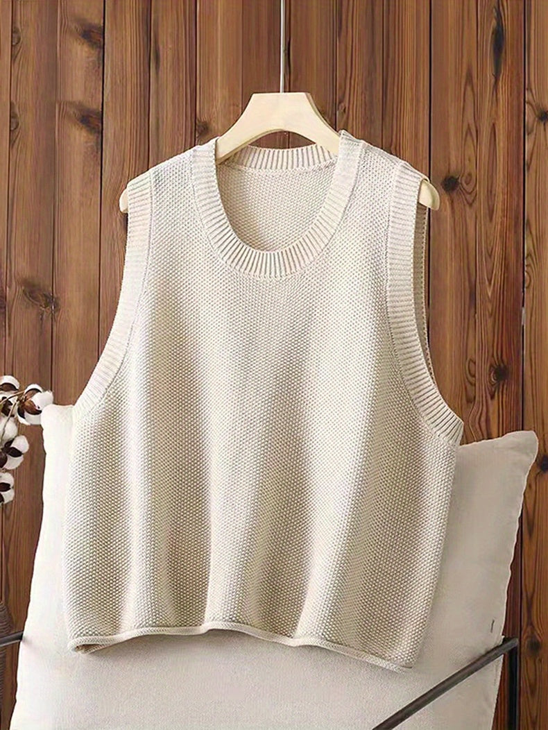 Women's Casual Solid Crew Neck Knitted Sleeveless Loose Fit Vest Sweater, Soft and Cozy Winter Clothing