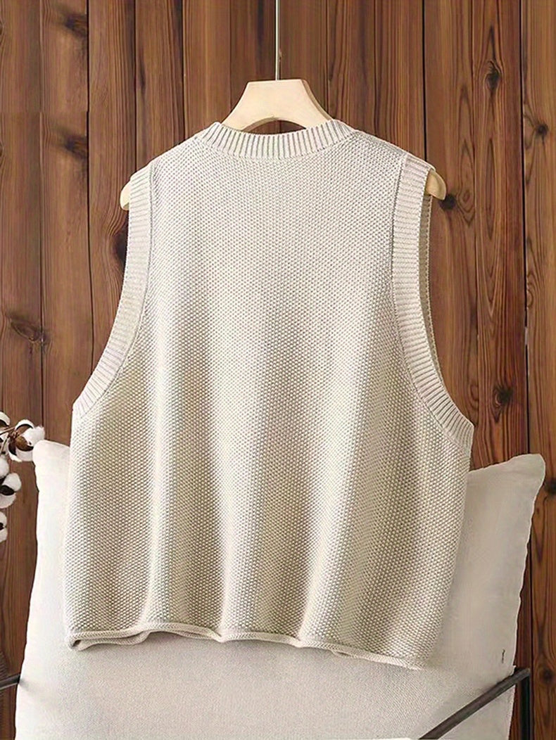 Women's Casual Solid Crew Neck Knitted Sleeveless Loose Fit Vest Sweater, Soft and Cozy Winter Clothing