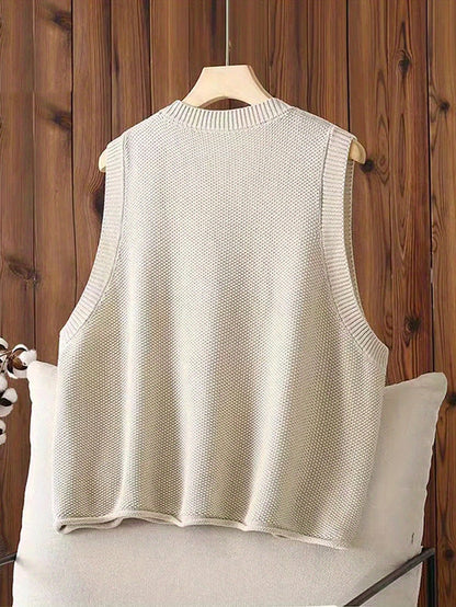 Women's Casual Solid Crew Neck Knitted Sleeveless Loose Fit Vest Sweater, Soft and Cozy Winter Clothing