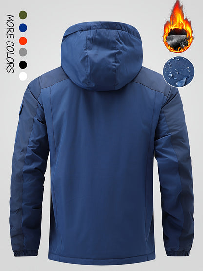 Men's Winter Fleece-Lined Jacket - Navy Blue Thickened Outdoor Hooded Coat with Zipper Pockets, Warm & Stylish for Cold Weather, Winter Clothes