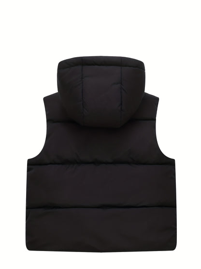Youth Red Hooded Vest with Large Pockets - Warm Loose Fit Casual Jacket for Fall/Winter, Polyester Filled, Adjustable Hood, Perfect for Outdoor Play, Winter Clothing, Playful Design, Durable Fabric