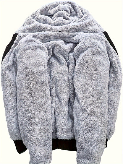 Men's Full-Zip Shearling Hooded Jacket with Pockets - Casual Winter Warmth, Stylish Thermal Lined Coat for Cold Weather, Winter Clothes