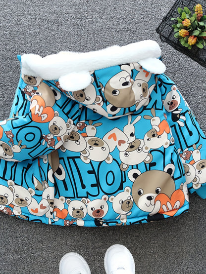 Boys Cartoon Bear Full Print Fleece Lining Hooded Jacket, Long Sleeve Zip Up Warm Jacket, Kids' Clothes For Spring Fall Winter Outdoor