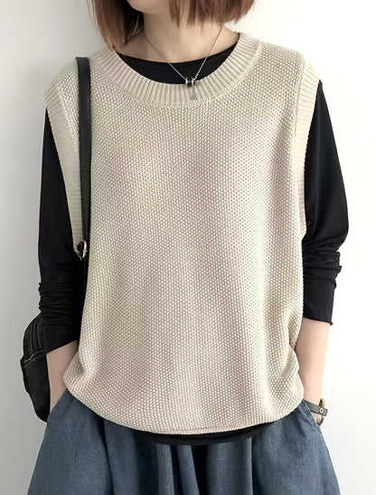 Women's Casual Solid Crew Neck Knitted Sleeveless Loose Fit Vest Sweater, Soft and Cozy Winter Clothing