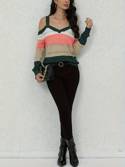 Chic Striped Long Sleeve Cold Shoulder Sweater - Soft, Cozy, Relaxed Fit Pullover for Women - Casual, Versatile, and Comfortable Winter Clothing