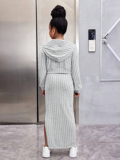 Tween Fashion Casual Versatile Velvet Ribbed V-Neck Hooded Loose Crop Top & Fitted Long Dress 2pcs Set, Perfect for: Young Teens, Style: Fashion, Season: Fall/Winter, Fall Winter Clothing, Stylish Outfit, Trendy Fashion, Qual