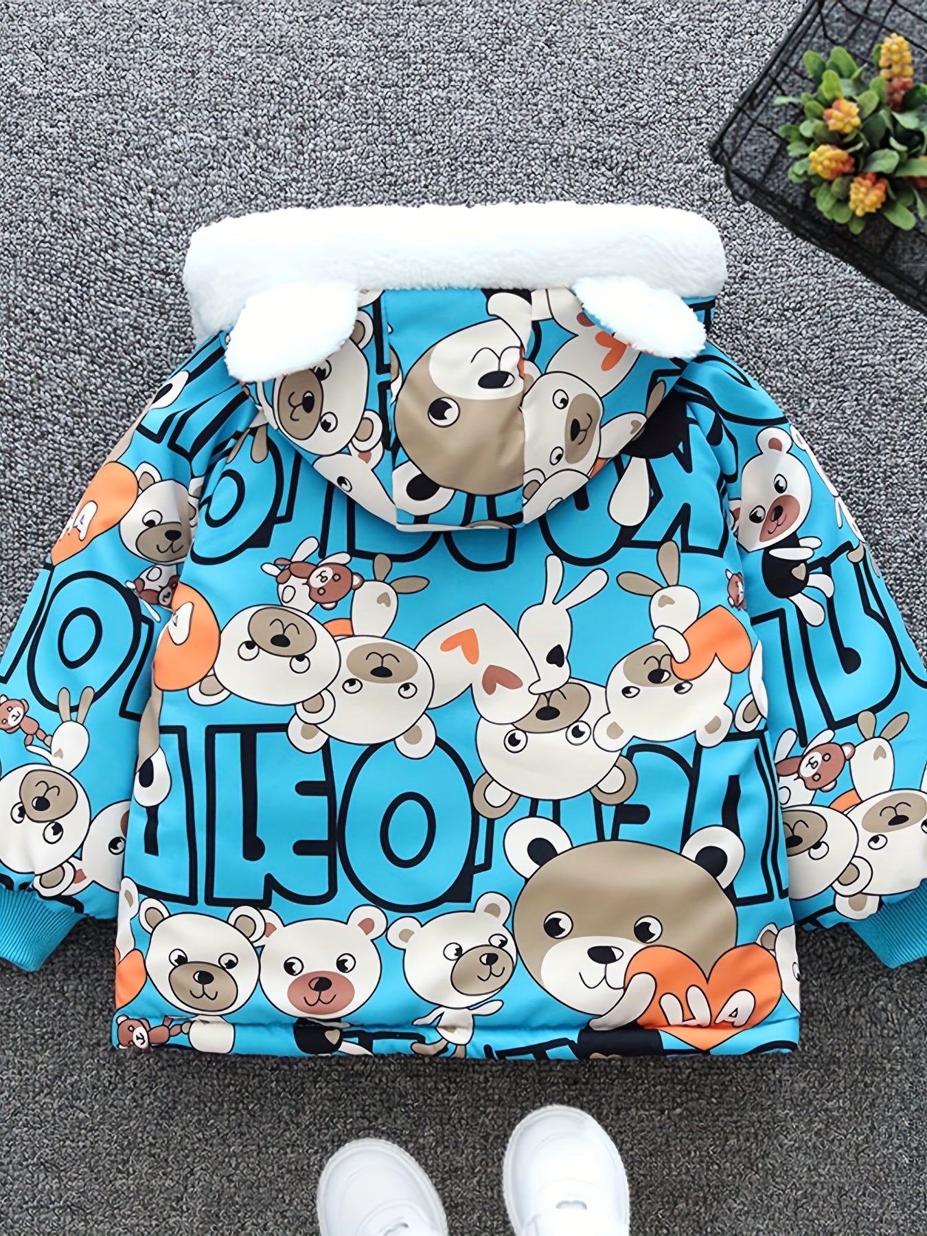 Boys Cartoon Bear Full Print Fleece Lining Hooded Jacket, Long Sleeve Zip Up Warm Jacket, Kids' Clothes For Spring Fall Winter Outdoor
