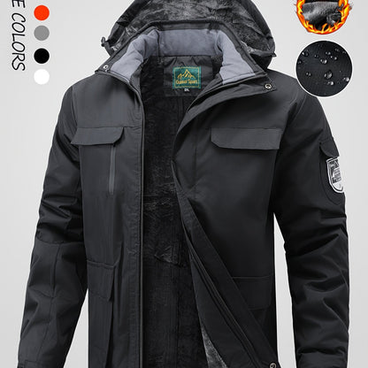 Men's Winter Fleece-Lined Jacket - Navy Blue Thickened Outdoor Hooded Coat with Zipper Pockets, Warm & Stylish for Cold Weather, Winter Clothes