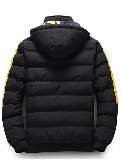 Men's Dual-Sided Winter Jacket - Warm Fleece-Lined, Casual Hooded Outerwear with Zipper Pockets, Beige and Black Camouflage Detail, Polyester, Winter Clothes
