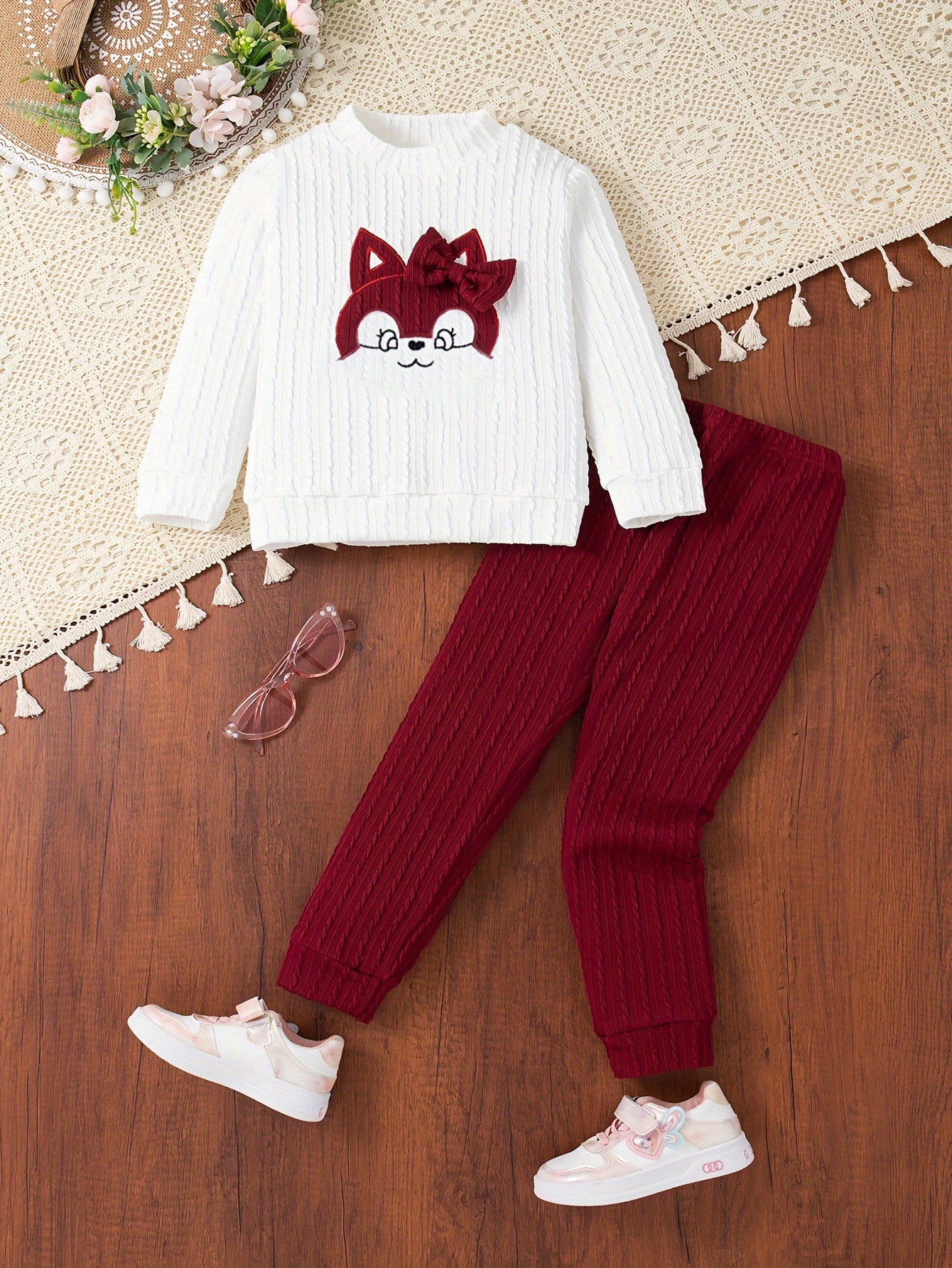 Toddler Girl Cartoon Graphic Bow Front Sweatshirt & Comfy Sweatpants, Kids Clothes For Spring Fall