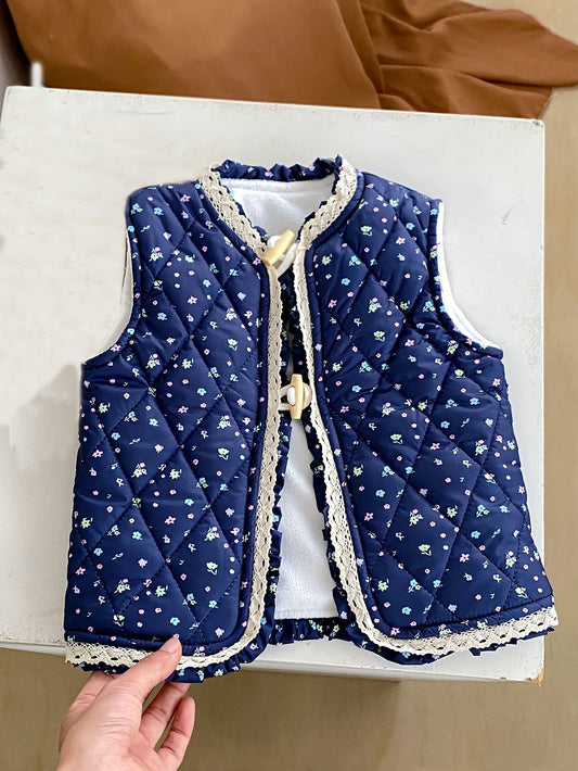 Unisex Winter Vest Jacket - Thick Warm Floral Print with Lace Trim & Cotton Padding, Sleeveless Button Front Closure, Navy Blue & White for &, Winter Clothes