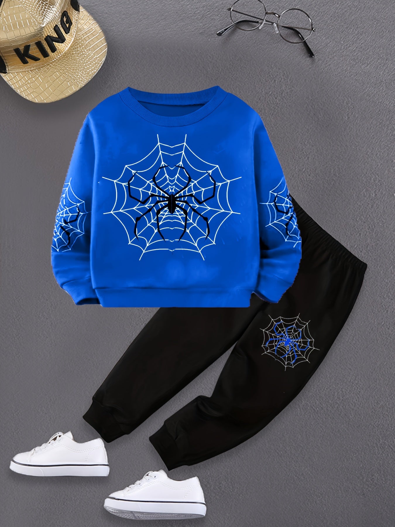 2pcs Boys Cartoon Spider Web Print Creative Long Sleeve Sweatshirt & Pants Sets, Kids Clothes Outdoor