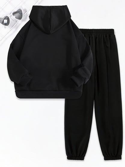 Girls 2pcs Print Hooded Sweatshirt & Letter Print Jogger Pants Set Kids Clothes For Gift, Sports, for Outdoor