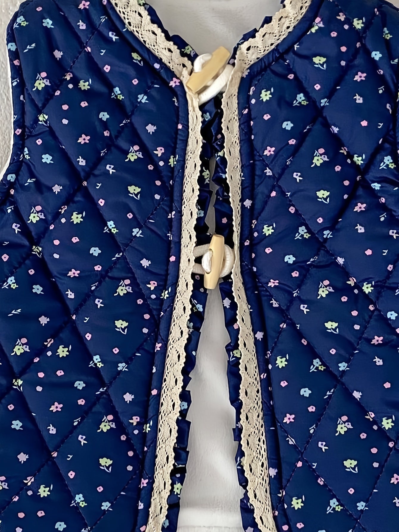Unisex Winter Vest Jacket - Thick Warm Floral Print with Lace Trim & Cotton Padding, Sleeveless Button Front Closure, Navy Blue & White for &, Winter Clothes