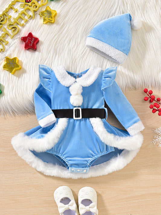2pcs Set Baby Girls' Soft Plush Patchwork Christmas Romper Dress & Hat Set - Blue & White Winter Outfit with Ruffled Sleeves, Snap Closure Jumpsuit, Machine Washable Winter Clothes for &, Festive Outfit for Christmas Photos &