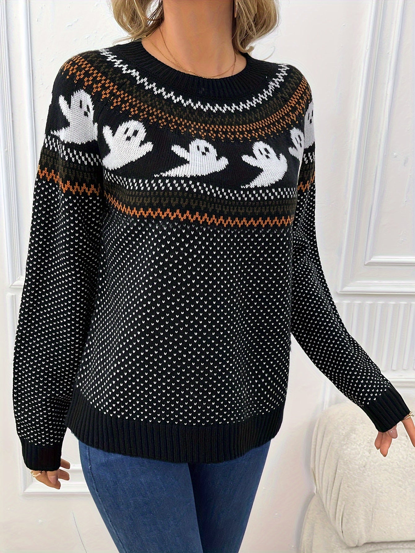 Womens Halloween Ghost Pattern Sweater - Fashionable Long Sleeves, Cozy Crew Neck, Timeless Vintage Style - Premium Autumn/Winter Clothing