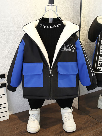 Boys Fashionable Letter Print Color Block Fleece Lining Hooded Jacket With Pockets, Long Sleeve Zip Up Jacket, Kids Clothes For Fall Winter Outdoor