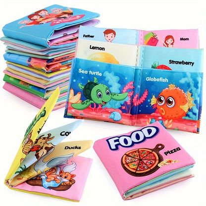 A Set Of 6 Cloth Book Baby Cloth Books Set, Wild Animal Cloth Book, Sea Animal Cloth Book, Fruit Cloth Book, Food Cloth Book Ocean Cloth Book, Character Cloth Book, Early Education Baby Toy Soft Book