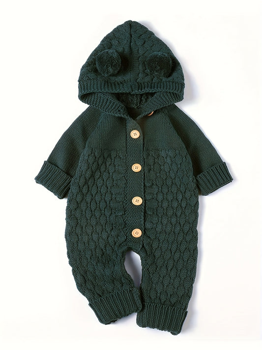 Baby 3D Pom-Pom Hooded Knit Jumpsuit - Soft Green Acrylic Romper with Ruffled Sleeves & Cuffs, Unisex Winter Outfit for &, Baby Winter Clothes, Cozy Baby Wear, Playful Baby Design, Comfortable Snap Closures, Perfect for Outdo