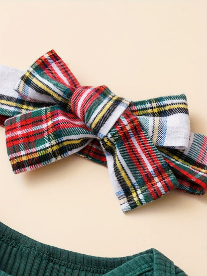 Baby Autumn and Winter Clothing Set Baby Girls 0-18 Months Romper and Plaid Strap Skirt and Headband