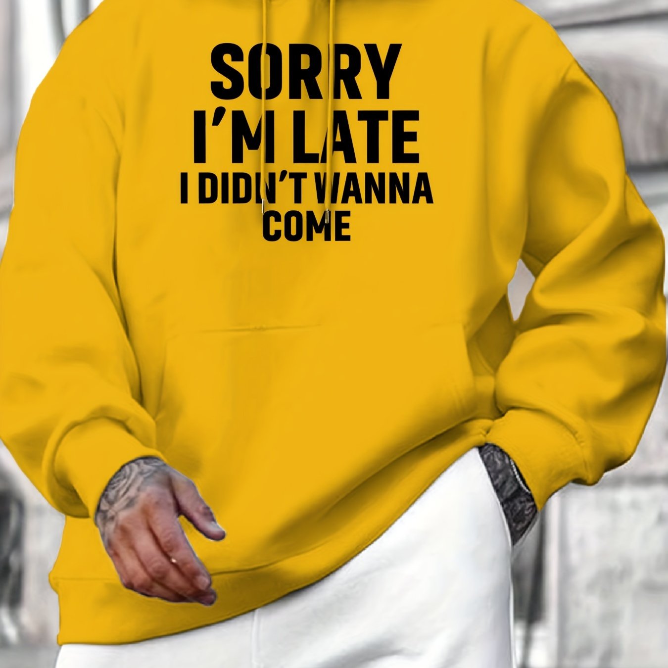 Casual Long Sleeve Hoodies - Sorry I'm Late I Didn't Wanna Come Print Kangaroo Pocket Hoodie - Pullover Sweatshirt for Men, Fall Winter Clothing