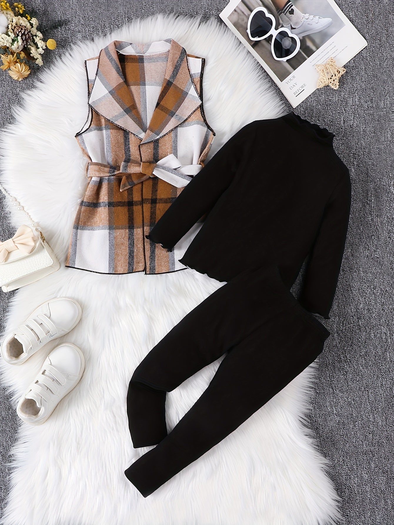 [Elegant | Girls] 3PCS Elegant Girls Outfits | Plaid Sleeveless Jacket + Pullover + Pants Set | Kids Clothes For Spring Fall Gift
