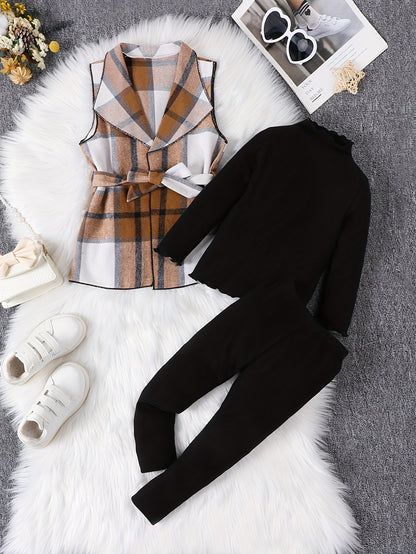 [Elegant | Girls] 3PCS Elegant Girls Outfits | Plaid Sleeveless Jacket + Pullover + Pants Set | Kids Clothes For Spring Fall Gift